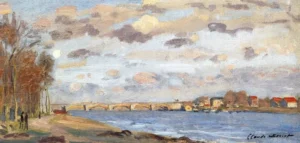 Hand-painted The Siene at Argentuil reproduction by Claude Monet – blue water reflections and textured brushstrokes.