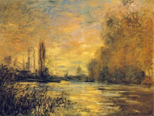 Hand-painted The Small Arm of the Seine reproduction by Monet – misty winter trees with textured brushstrokes.