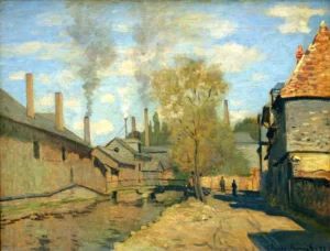 Hand-painted The Stream of Robec at Rouen reproduction by Claude Monet – textured brushstrokes of industrial chimneys.