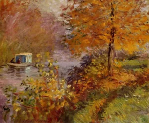 Hand-painted The Studio-Boat reproduction by Claude Monet – textured brushstrokes capture water reflections.