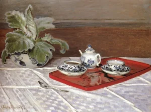 Hand-painted The Tea Set reproduction by Claude Monet – blue and white china with textured brushstrokes