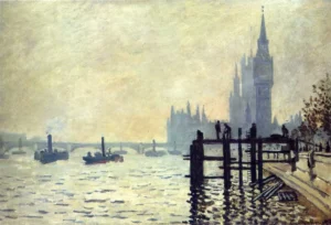 Hand-painted The Thames below Westminster reproduction by Claude Monet – misty horizon with textured brushstrokes.