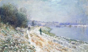 Hand-painted Tow Path at Argenteuil reproduction by Claude Monet – snowy riverbanks with textured brushstrokes.