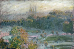 Hand-painted The Tuileries (Study) reproduction by Claude Monet – vibrant orange sky and textured brushstrokes.