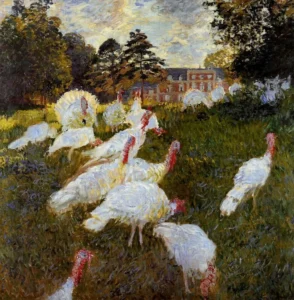 Hand-painted The Turkeys reproduction by Claude Monet – white birds on green grass with textured brushstrokes.