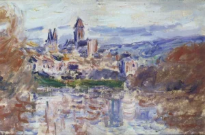 Hand-painted The Village of Vétheuil reproduction by Claude Monet – textured brushstrokes of a church tower.