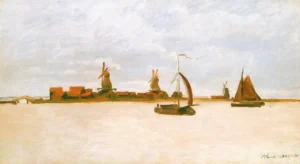 Hand-painted The Voorzaan reproduction by Claude Monet – sailboats on calm water with textured brushstrokes.