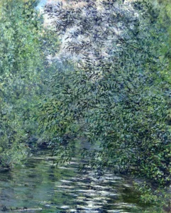 Hand-painted The Willows on the River reproduction by Claude Monet – textured brushstrokes of a serene riverbank.