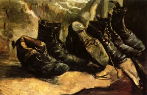 Hand-painted Three Pairs of Shoes reproduction by Vincent Van Gogh – worn leather boots with textured brushstrokes.