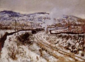 Hand-painted Train in the Snow at Argenteuil reproduction by Claude Monet – textured brushstrokes of a dark locomotive.