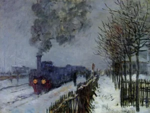 Hand-painted Train in the Snow reproduction by Claude Monet – dark engine smoke and textured brushstrokes on linen.