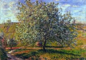 Hand-painted Tree in Flower near Vetheuil reproduction by Claude Monet – vibrant blossoms and textured brushstrokes.