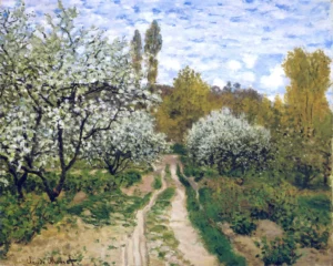 Hand-painted Trees in Bloom reproduction by Claude Monet – vibrant white petals and textured brushstrokes – museum quality oil on linen