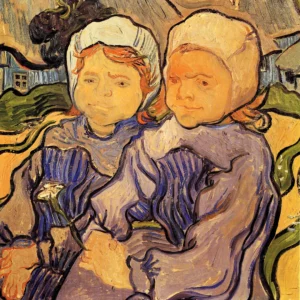 Hand-painted Two Children reproduction by Vincent Van Gogh – colorful figures and textured brushstrokes on linen.