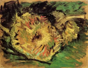 Hand-painted Two Cut Sunflowers reproduction by Vincent Van Gogh – gold petals and textured brushstrokes on linen