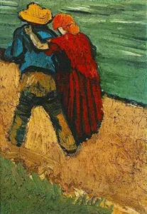 Hand-painted Two Lovers reproduction by Vincent Van Gogh – embracing couple with textured brushstrokes – museum quality oil on linen