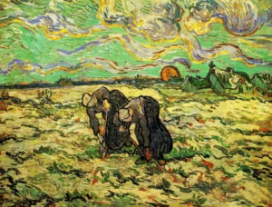 Hand-painted Two Peasant Women Digging reproduction by Van Gogh – snowy landscape and textured brushstrokes
