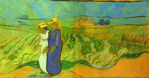 Two Women Crossing the Fields – Pastoral – Impasto hand-painted oil painting by DafenArts