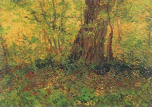 Hand-painted Undergrowth reproduction by Vincent Van Gogh – ivy on tree trunks with textured brushstrokes.