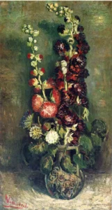 Hand-painted Vase of Hollyhocks reproduction by Vincent Van Gogh – vibrant red blossoms with textured brushstrokes.