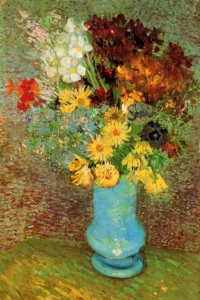 Hand-painted Vase with Daisies and Anemones reproduction by Vincent Van Gogh – yellow blooms with textured brushstrokes.