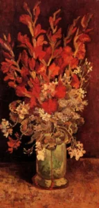 Hand-painted Vase with Gladioli and Carnations by Van Gogh – vibrant petals with textured brushstrokes on linen.
