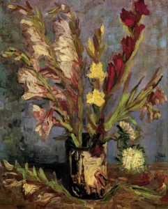 Hand-painted Vase with Gladioli reproduction by Vincent Van Gogh – red flowers with textured brushstrokes on linen.