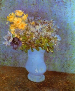 Hand-painted Vase with Lilacs and Daisies by Van Gogh – vibrant yellow petals with textured brushstrokes.