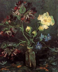 Hand-painted Vase with Myosotis and Peonies reproduction by Vincent Van Gogh – vibrant pink petals with textured brushstrokes