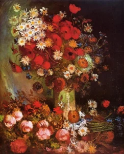 Hand-painted Vase with Poppies and Peonies reproduction by Van Gogh – vibrant red blooms and textured brushstrokes.