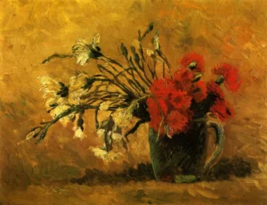Hand-painted Vase with Red and White Carnations reproduction by Vincent Van Gogh – vibrant petals, textured brushstrokes.