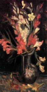 Hand-painted Vase with Red Gladioli reproduction by Vincent Van Gogh – vibrant blooms with textured brushstrokes.