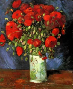 Hand-painted Vase with Red Poppies reproduction by Vincent Van Gogh – vibrant petals with textured brushstrokes.
