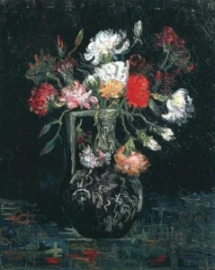 Hand-painted Vase with White and Red Carnations reproduction by Vincent Van Gogh – textured brushstrokes and floral detail.