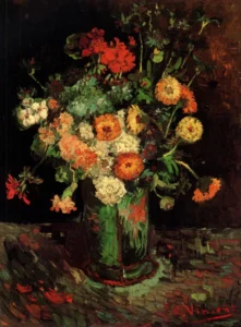 Hand-painted Vase with Zinnias and Geraniums reproduction by Vincent Van Gogh – textured brushstrokes in vibrant florals.
