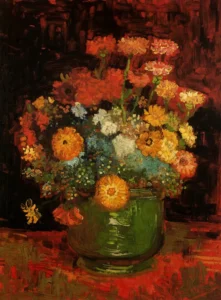 Hand-painted Vase with Zinnias reproduction by Vincent Van Gogh – vibrant red blossoms with textured brushstrokes.