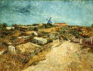 Hand-painted Vegetable Gardens in Montmartre reproduction by Vincent Van Gogh – vibrant textured brushstrokes of a fence.