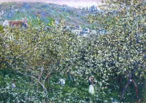 Hand-painted Vetheuil, Flowering Plum Trees reproduction by Claude Monet – textured brushstrokes of white blossoms.