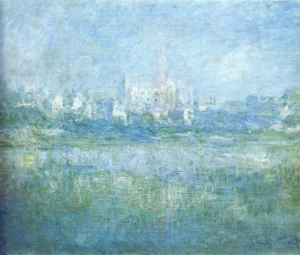 Hand-painted Vetheuil in the Fog reproduction by Claude Monet – ethereal church spire and textured brushstrokes.