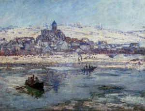 Hand-painted Vetheuil in Winter reproduction by Claude Monet – snowy river path with textured brushstrokes.