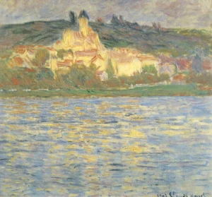 Hand-painted Vetheuil reproduction by Claude Monet – distant church tower and textured brushstrokes – museum quality oil on linen
