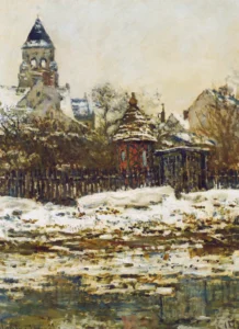 Hand-painted Vetheuil, The Church in Winter reproduction by Claude Monet – snowy rooftops with textured brushstrokes.
