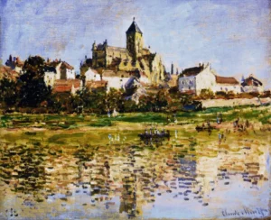 Hand-painted Vetheuil, The Church reproduction by Claude Monet – distant spire and textured brushstrokes on linen.