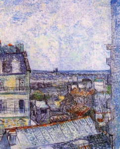 Hand-painted View from Vincent's room in the Rue Lepic reproduction by Van Gogh – rooftops with textured brushstrokes.
