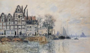 Hand-painted View of Amsterdam reproduction by Claude Monet – hazy harbor masts with textured brushstrokes.