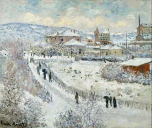 Hand-painted View of Argenteuil in the Snow reproduction by Claude Monet – cart tracks in textured brushstrokes.