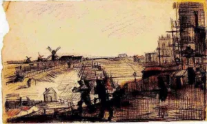 Hand-painted View of Montmartre reproduction by Vincent Van Gogh – soft hills and textured brushstrokes on linen.