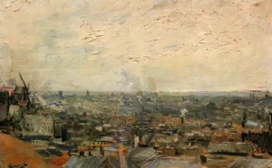 Hand-painted View of Paris from Montmartre reproduction by Vincent Van Gogh – rooftops with textured brushstrokes.