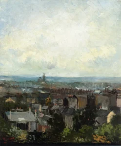Hand-painted View of Paris from near Montmartre reproduction by Vincent Van Gogh – textured brushstrokes of city rooftops.