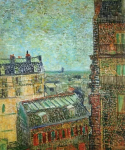 Hand-painted View of Paris from Rue Lepic reproduction by Van Gogh – rooftops with textured brushstrokes.